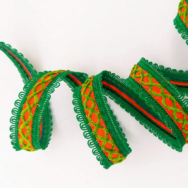 Orange Cotton Fabric Lace Trim with Green Thread Embroidery, Trim By 3 Yards, Craft Decorative Ribbon